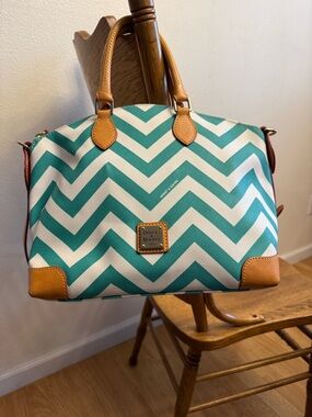 Dooney & Bourke Teal and White Chevron Satchel with Tan Trim